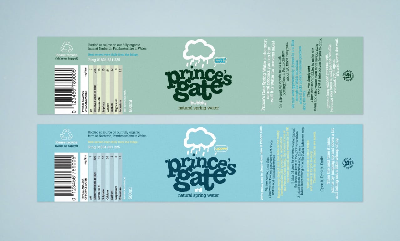 Princes Gate Spring Water graphic design, labels and copywriting