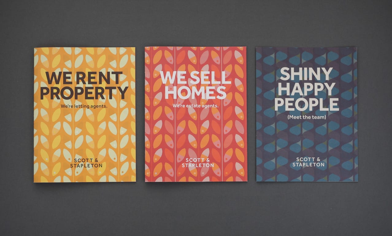 Covers for Scott and Stapleton brochures showing pattern design & copywriting tone of voice 