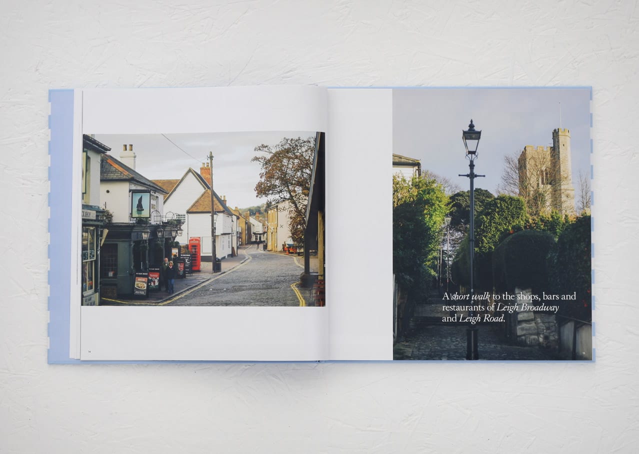 Spread from brochure design for Bell Sands development, Leigh on Sea showing graphic design, photography by Paul Tait and art direction