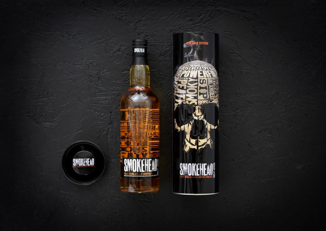 Packaging design for Smokehead whisky featuring digital illustration