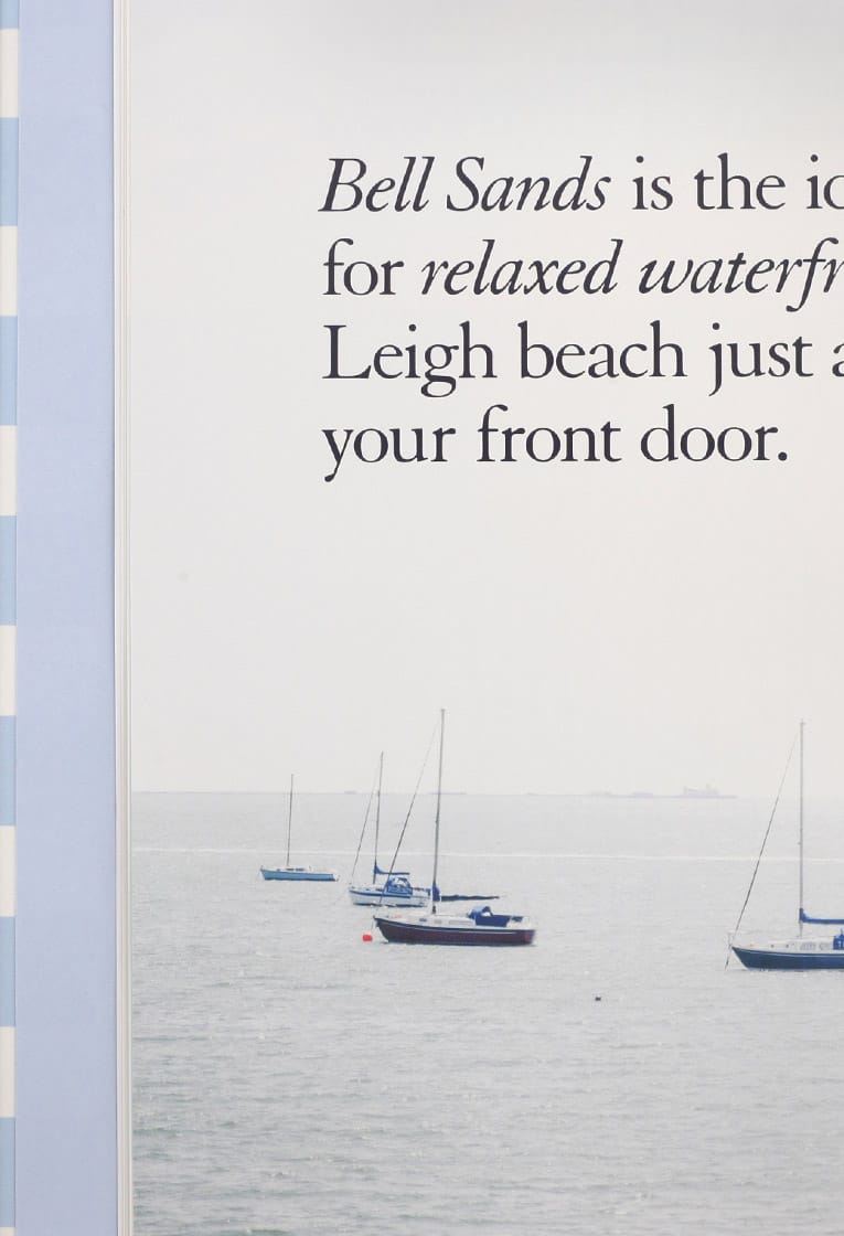 Page spread from brochure design for Bell Sands development, Leigh on Sea showing design, photography and copywriting