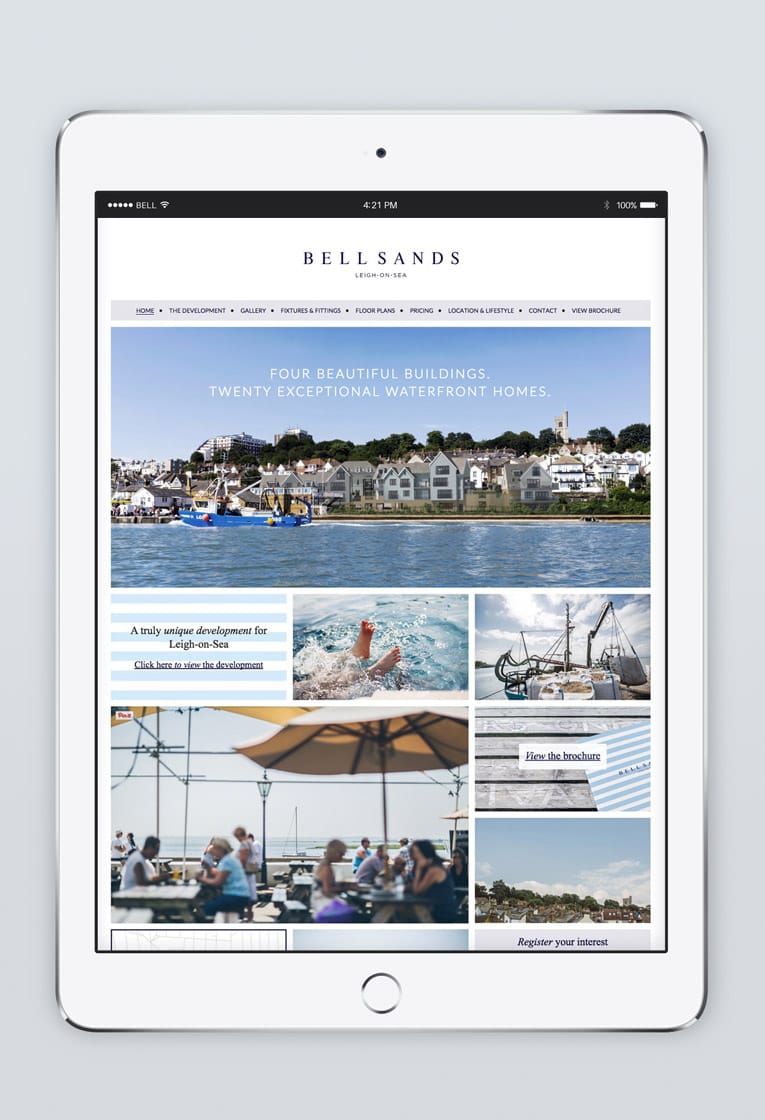 Responsive web design for Bell Sands development, Leigh on Sea, displayed on iPad